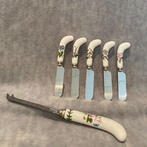 Portmeirion Botanic Garden Cheese Knife and 5 Spreaders Flowers‎ Ceramic